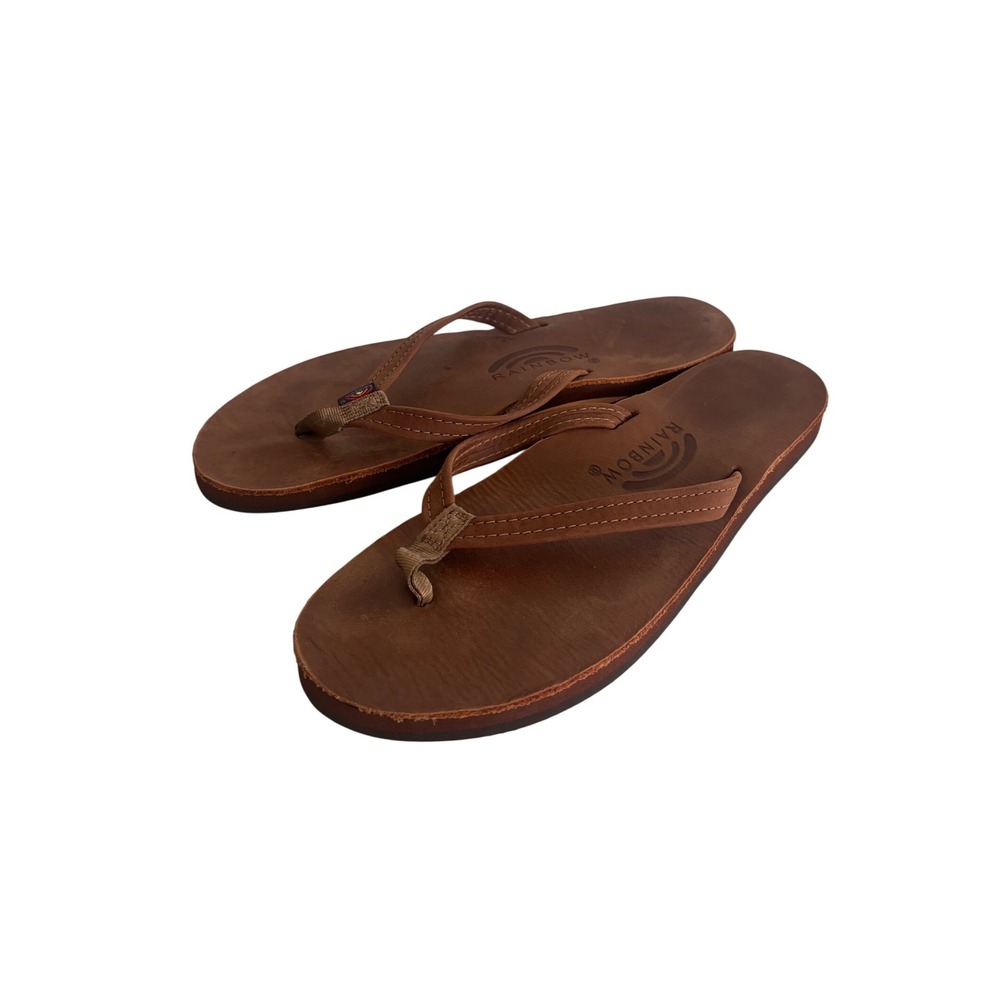 Rainbow Sandals Women Brown Leather Single Layer Narrow Strap Flip Flops